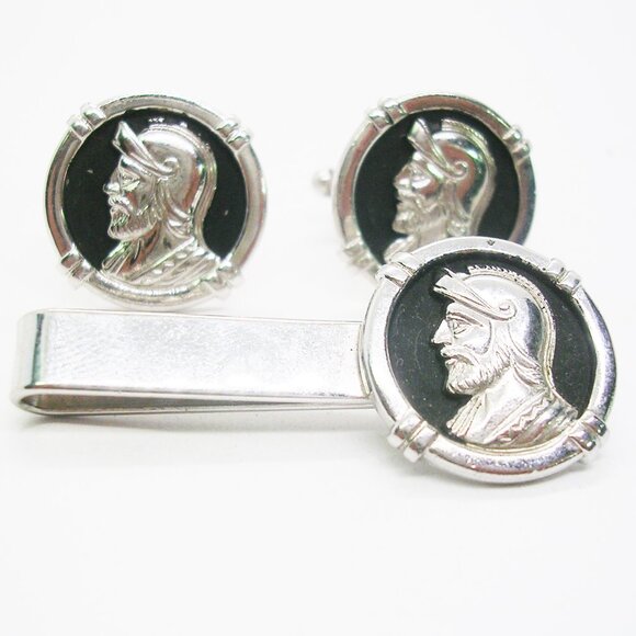 Vintage Cufflinks Tie Bar Set Roman Knight silver tone Men Wedding Accessory Gro - Picture 1 of 3